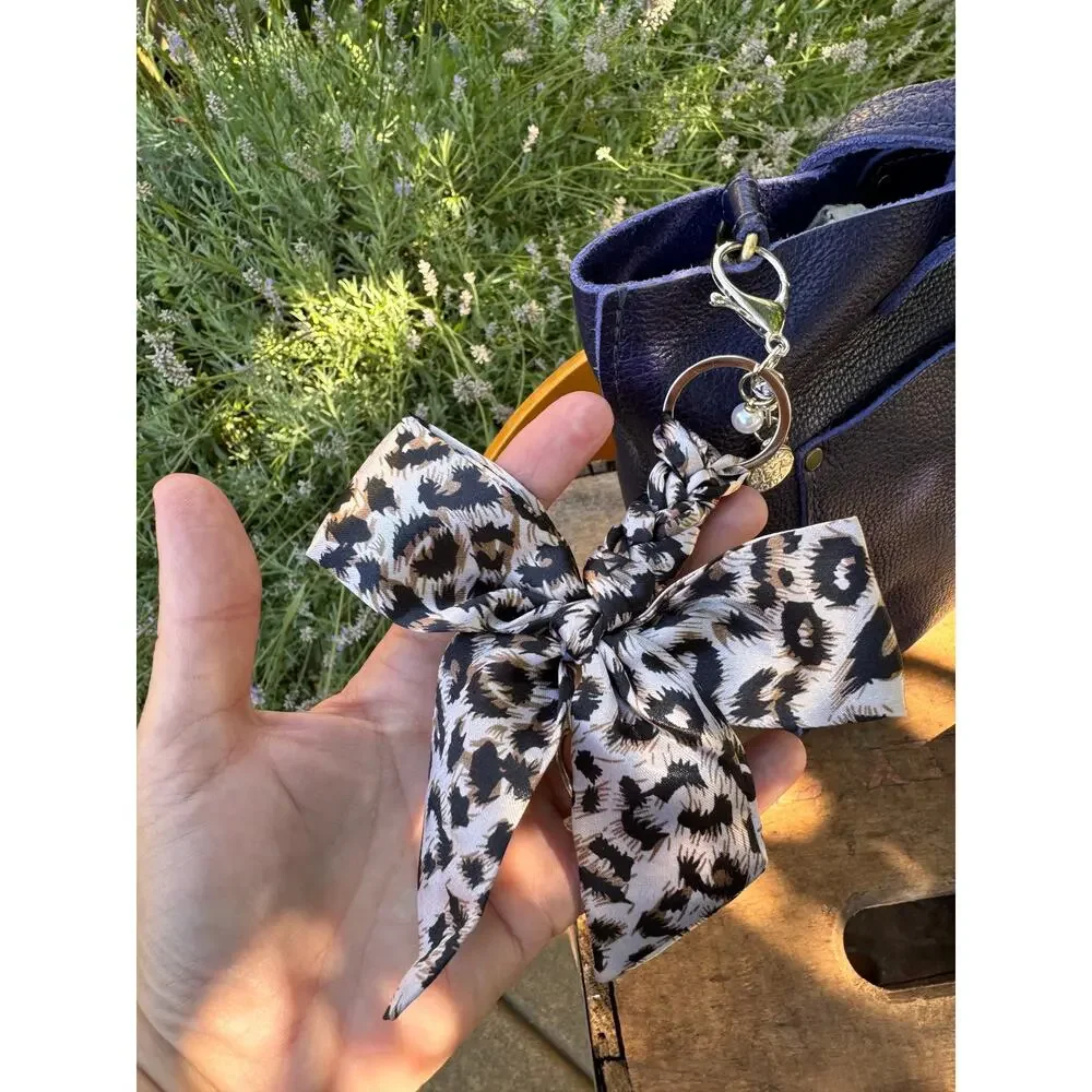 Fabric Satin Brown Black Animal Print Bow Bag Charm Leopard Print Purse Charm